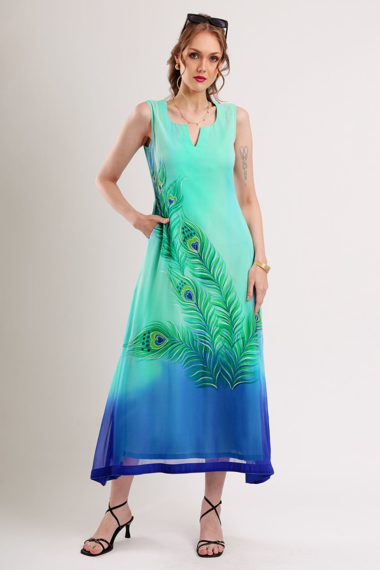 hand painted silk dresses Hand-Painted Peacock Feather Dress Zamariah Dress Green | Painted Marble Pattern on black and beige SIZE:CUSTOM