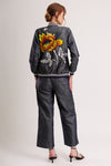 Hand-Painted Floral Patchwork Cotton Denim Bomber Jacket