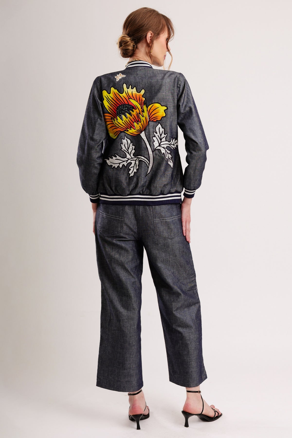 Hand-Painted Floral Patchwork Cotton Denim Bomber Jacket