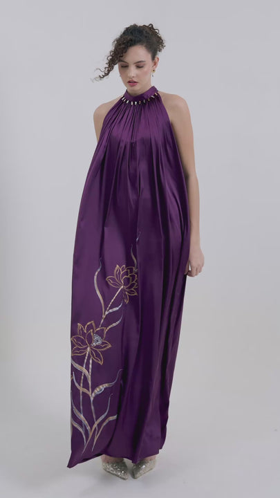 The Plum Lotus Hand-Painted Silk Gown Dress - product video