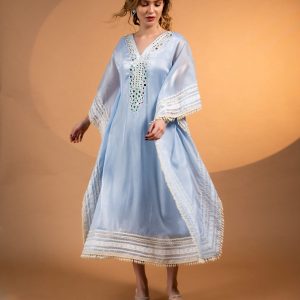 Handcrafted Light Blue Organza Silk Kaftan Dress – Mirror Work & Pearl Detailing