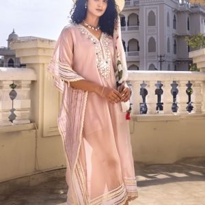 Handcrafted Powder Pink Organza Silk Kaftan Dress – Mirror Work & Pearl Detailing