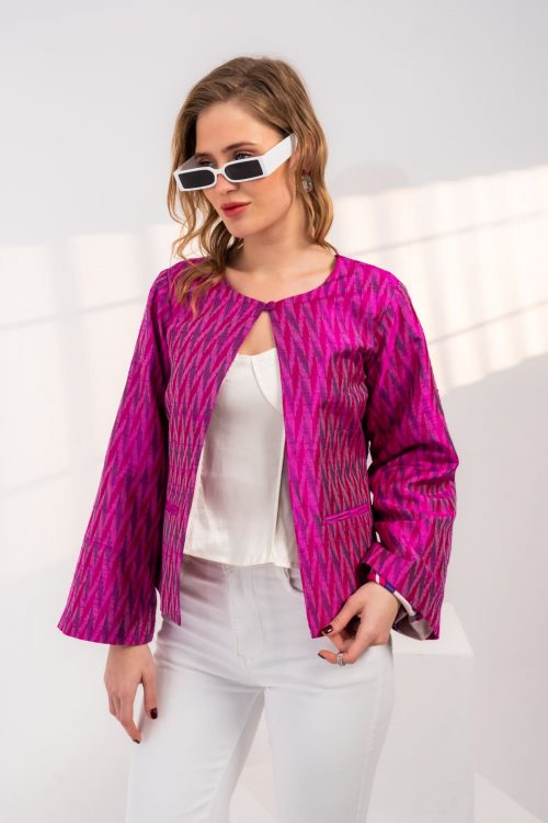 Rose Ikat Silk Kimono Short Jacket in Pink
