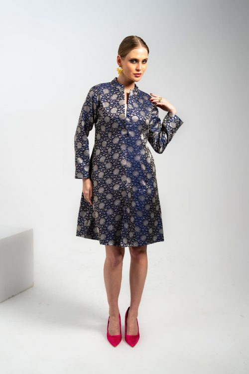 Midnight Blossom Blue Jacquard Silk Long Jacket