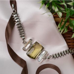 Lemon Sorbet Bracelet with Large Uncut Lemon Quartz and Mother-of-Pearl Accents