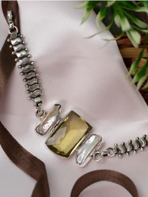 Lemon Sorbet Bracelet with Large Uncut Lemon Quartz and Mother-of-Pearl Accents