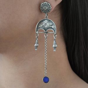 Jaipur Royal Kundan Danglers in 92.5 Sterling Silver – Blue Glass & Floral Motif Earrings