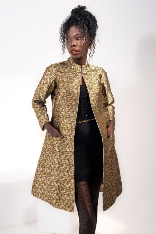 Regal Gold Jacquard Silk Long Jacket