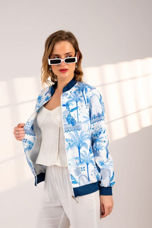 Ibiza Dream Short Bomber Jacket in White and Blue