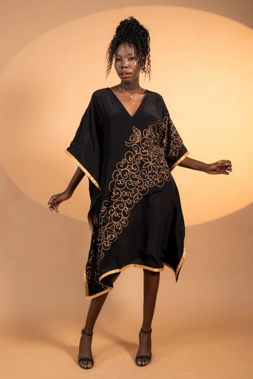 Golden Spiral Silk Black Kaftan Dress