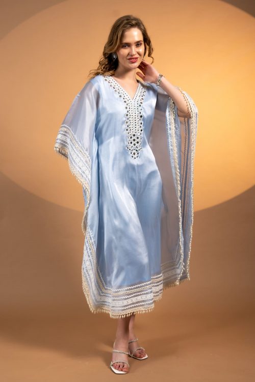 Handcrafted Light Blue Organza Silk Kaftan Dress