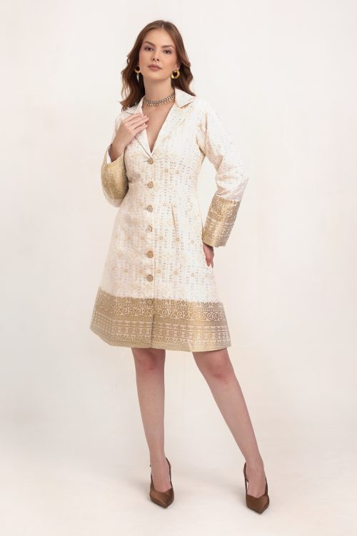 The Valencia Jacket Dress | Luxury Embroidered Cotton & Gold Zari Weave